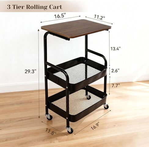 3 Tier Rolling Cart, Utility Cart with Wheels & Wood Table Top, Heavy Duty Metal Rolling Storage Organizer Cart for Kitchen, Office, Bathroom, Living Room, Laundry, Bedroom, Dorm, (Black) in Saudi Arabia