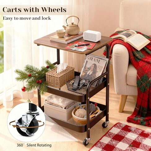 3 Tier Rolling Cart, Utility Cart with Wheels & Wood Table Top, Heavy Duty Metal Rolling Storage Organizer Cart for Kitchen, Office, Bathroom, Living Room, Laundry, Bedroom, Dorm, (Black) in Saudi Arabia