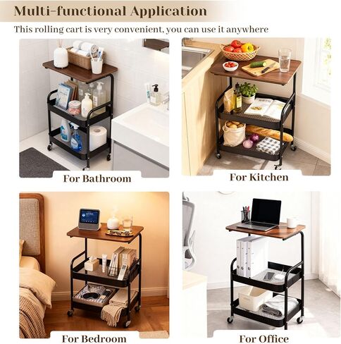 3 Tier Rolling Cart, Utility Cart with Wheels & Wood Table Top, Heavy Duty Metal Rolling Storage Organizer Cart for Kitchen, Office, Bathroom, Living Room, Laundry, Bedroom, Dorm, (Black) in Saudi Arabia