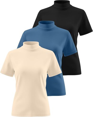 3 Pack Women's Mock Neck Shirts, Short Sleeve Turtleneck Tops Casual Comfy T Shirts Stretch Fitting Trendy Tee Blouse in Kuwait