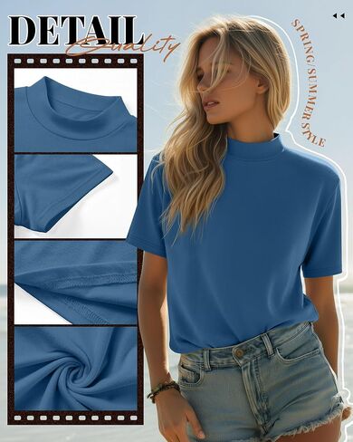 3 Pack Women's Mock Neck Shirts, Short Sleeve Turtleneck Tops Casual Comfy T Shirts Stretch Fitting Trendy Tee Blouse in Kuwait