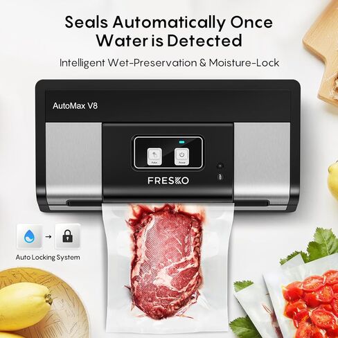 ماكينة ختم الطعام الأوتوماتيكية بالكامل من فريسكو، 140 واط، ماكينة حفظ الطعام بدون استخدام اليدين مع حقيبة ذكية، كشف الطعام الجاف/الرطب، كيس 2 رول، قطاعة مدمجة وتخزين الحقائب (AutoMax V8) in Kuwait