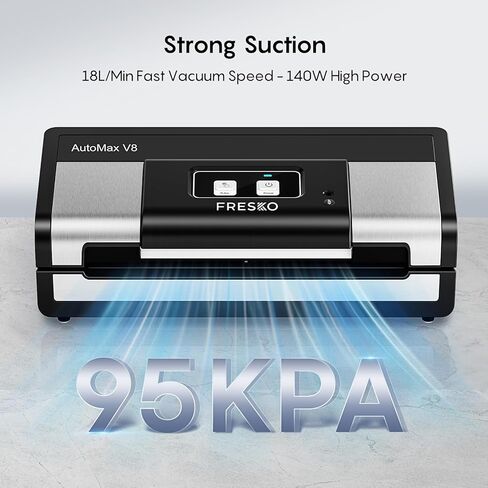 ماكينة ختم الطعام الأوتوماتيكية بالكامل من فريسكو، 140 واط، ماكينة حفظ الطعام بدون استخدام اليدين مع حقيبة ذكية، كشف الطعام الجاف/الرطب، كيس 2 رول، قطاعة مدمجة وتخزين الحقائب (AutoMax V8) in Kuwait