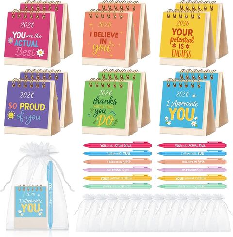ReliThick 12 Sets 2026 Mini Desk Calendar Gifts Bulk Christmas Employee Appreciation Gifts Small Calendar with Pens Drawstring Bags Present for Coworkers Team Friends Family(Classic Style) in Saudi Arabia