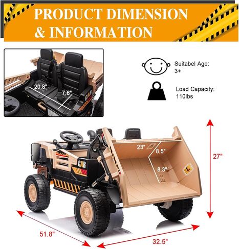 24V 2 Seater Ride On Construction Truck with Dump Bed, Kids 4WD Battery Powered Dump Truck w/Remote Control, 4x70W Powerful Motors, Shovel, Yellow in Saudi Arabia