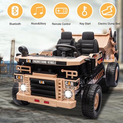 24V 2 Seater Ride On Construction Truck with Dump Bed, Kids 4WD Battery Powered Dump Truck w/Remote Control, 4x70W Powerful Motors, Shovel, Yellow in Saudi Arabia