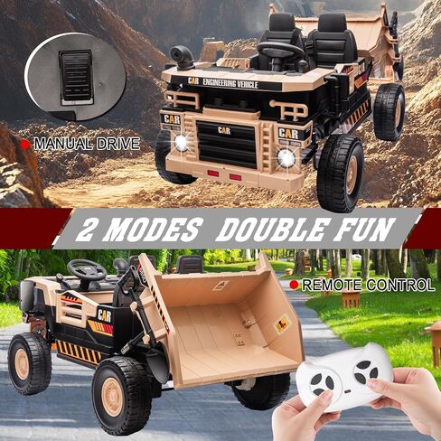 24V 2 Seater Ride On Construction Truck with Dump Bed, Kids 4WD Battery Powered Dump Truck w/Remote Control, 4x70W Powerful Motors, Shovel, Yellow in Saudi Arabia
