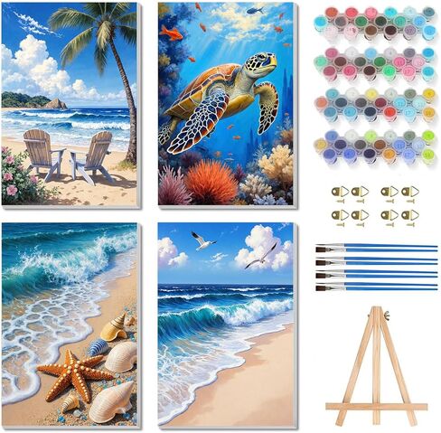 Bgpunt 4 Pack Paint by Numbers for Adults with Framed, Beach Paint by Number on Canvas, DIY Sea Turtle Acrylic Oil Painting Kits Crafts for Adults Home Wall Decor, 8x12 inch in Saudi Arabia