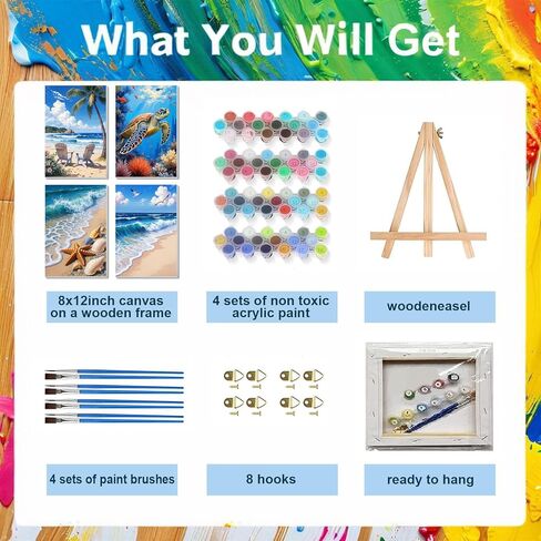 Bgpunt 4 Pack Paint by Numbers for Adults with Framed, Beach Paint by Number on Canvas, DIY Sea Turtle Acrylic Oil Painting Kits Crafts for Adults Home Wall Decor, 8x12 inch in Saudi Arabia