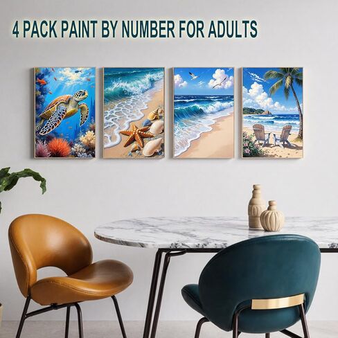Bgpunt 4 Pack Paint by Numbers for Adults with Framed, Beach Paint by Number on Canvas, DIY Sea Turtle Acrylic Oil Painting Kits Crafts for Adults Home Wall Decor, 8x12 inch in Saudi Arabia