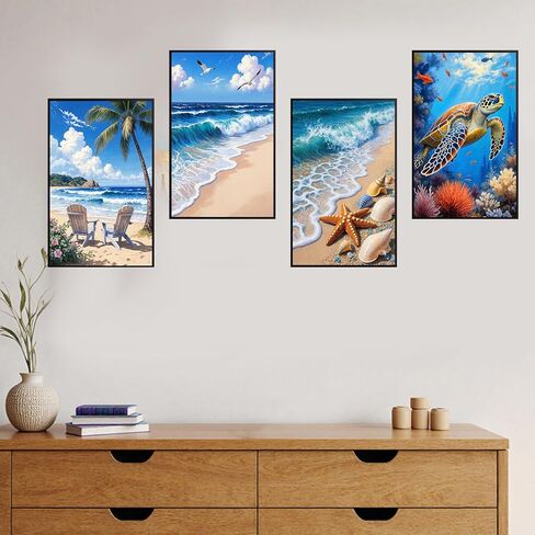 Bgpunt 4 Pack Paint by Numbers for Adults with Framed, Beach Paint by Number on Canvas, DIY Sea Turtle Acrylic Oil Painting Kits Crafts for Adults Home Wall Decor, 8x12 inch in Saudi Arabia