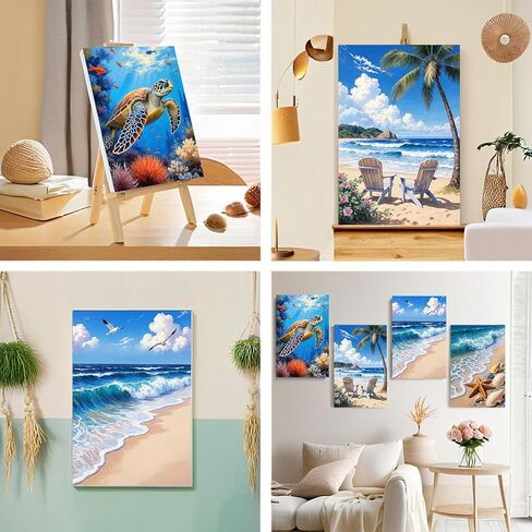 Bgpunt 4 Pack Paint by Numbers for Adults with Framed, Beach Paint by Number on Canvas, DIY Sea Turtle Acrylic Oil Painting Kits Crafts for Adults Home Wall Decor, 8x12 inch in Saudi Arabia