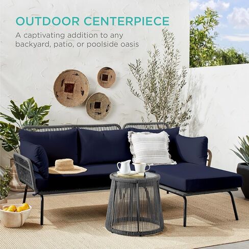 Best Choice Products Outdoor Rope Woven Sectional Patio Furniture L-Shaped Conversation Sofa Set for Backyard, Porch w/Thick Cushions, Detachable Lounger, Side Table - Black in Saudi Arabia