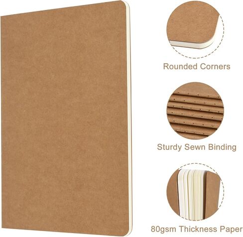 ZCZN 5 عبوات A5 Kraft Notebooks Bulk، 8.15x5.5 بوصة دفاتر يومية فارغة، دفاتر ملاحظات للعمل، دفاتر ملاحظات تكوين للمدرسة، دفاتر يومية للأطفال، 60 صفحة in Kuwait