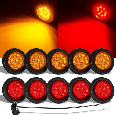 10 عبوات (5 كهرمان و5 أحمر) 2 بوصة كهرمان أحمر مستدير 9 LED لعلامة المقطورة، حامل فلوش، مختوم IP67 مقاوم للماء 2 بوصة مع عدسة عاكسة، 12 فولت لشاحنة قارب RV تخييم إلخ in Saudi Arabia