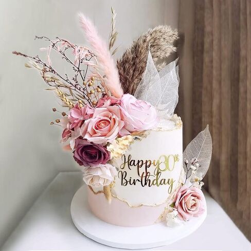 22 PCS Boho Cake Topper Decorations Vintage Artificial Rose Flowers Leaves Various Dried Pampas Grass Cake Decor for Cake Decorating for Wedding Bridal Birthday Party Supplies in Saudi Arabia