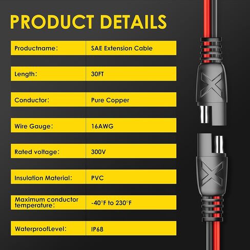 كابل تمديد SUNAPEX SAE إلى SAE: سلك نحاسي نقي 16 AMG 30 FT - موصلات سلكية سريعة الفصل مقاومة للماء مع أغطية غبار محول عكسي قطبية للسيارات، واللوحة الشمسية، وRV، وشاحن البطارية in Kuwait