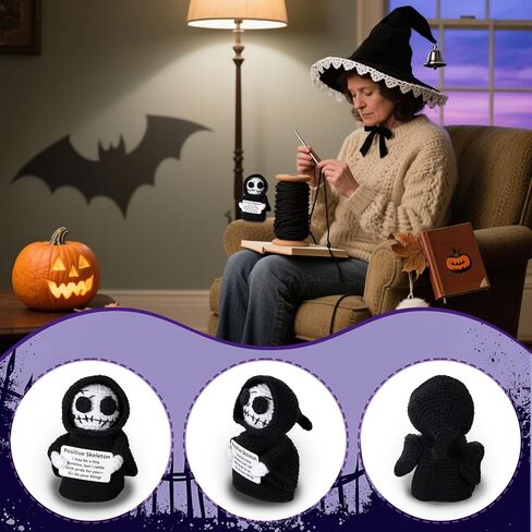 هيكل عظمي كروشيه للهالوين - هيكل عظمي كروشيه للدعم العاطفي مع بطاقة إيجابية، مضحك للنساء والرجال، دمية إيجابية مصنوعة يدويًا لديكور مكتب صغير للمعلم والأصدقاء والعائلات in Kuwait