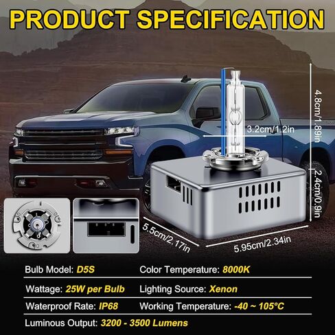 DZG D5S 25W HID المصابيح الأمامية، لعام 2016 2017 2018 تشيفي سيلفرادو 1500 WT LS LT 2015-2018 جي ​​إم سي سييرا 1500 2500 3500 HD، 8000K قاعدة معدنية بيضاء باردة زينون استبدال لمبة شعاع عالية منخفضة، حزمة من 2 in Kuwait