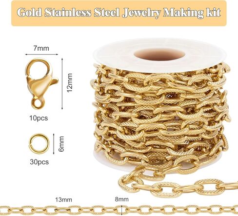 GTVOODX 18K سلاسل الكابلات المطلية بالذهب السائبة مكتنزة الفولاذ المقاوم للصدأ غير ملحوم محكم البيضاوي سلسلة ربط لفة بكرة لنتائج لوازم صنع المجوهرات DIY in Kuwait