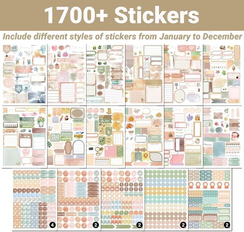 ملصقات مخطط جمالية، 12 ملصق تقويم شهريًا لتزيين التقويم، والتخطيط، وسجل القصاصات، واليوميات، وإكسسوارات مخططة صغيرة عتيقة لهدايا الأطفال والكبار (24 ورقة 1800+) in Kuwait
