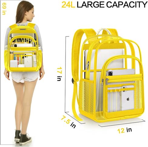 حقيبة ظهر شفافة، حقيبة ظهر شفافة كبيرة شديدة التحمل مع أشرطة معززة، حقيبة كتب شفافة للكلية والسفر وأمن العمل - أسود in Kuwait