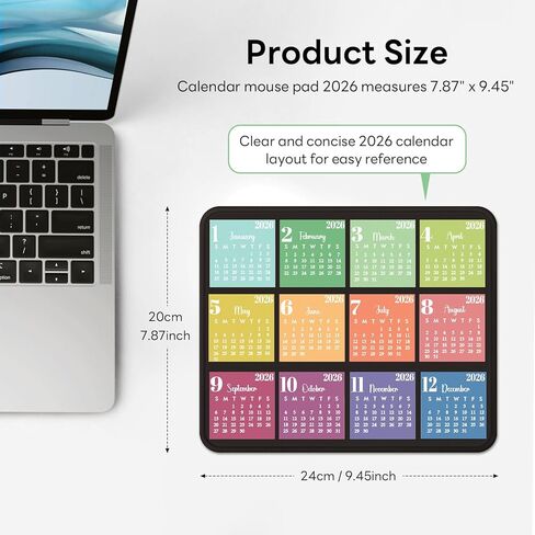 2026 Calendar Mouse Pad, 7.9x9.5 in Aesthetic Design Collection, Non-Slip Decorative Mousepad for Daily Planning & Workspace Decor, Black and Colorful in Kuwait