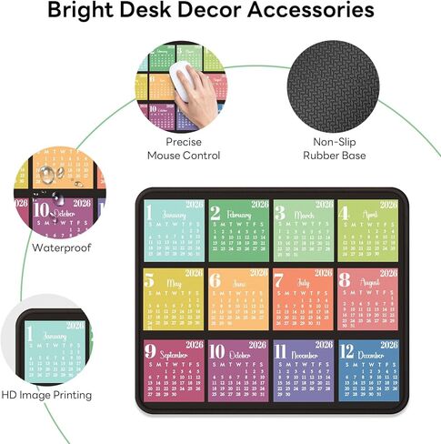 2026 Calendar Mouse Pad, 7.9x9.5 in Aesthetic Design Collection, Non-Slip Decorative Mousepad for Daily Planning & Workspace Decor, Black and Colorful in Kuwait