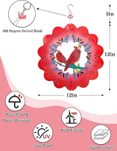 Cardinal Wind Spinners Outdoor Garden Decor for Outside - 12 Inch 3D Stainless Steel Metal Wind Spinners - Cardinal Gardening Gifts for Women, Yard Decorations Outdoor Hanging Decor in Saudi Arabia
