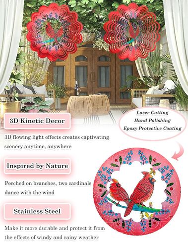 Cardinal Wind Spinners Outdoor Garden Decor for Outside - 12 Inch 3D Stainless Steel Metal Wind Spinners - Cardinal Gardening Gifts for Women, Yard Decorations Outdoor Hanging Decor in Saudi Arabia