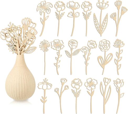 54PCS Wooden Wildflower Decor Set Wood Colorable Flowers Floral Cutouts Signs Laser Cut Stems Crafts Bouquet Boho Wall Decals for Home Birthday Holiday Art DIY Nursery Bedroom Decoration in Saudi Arabia