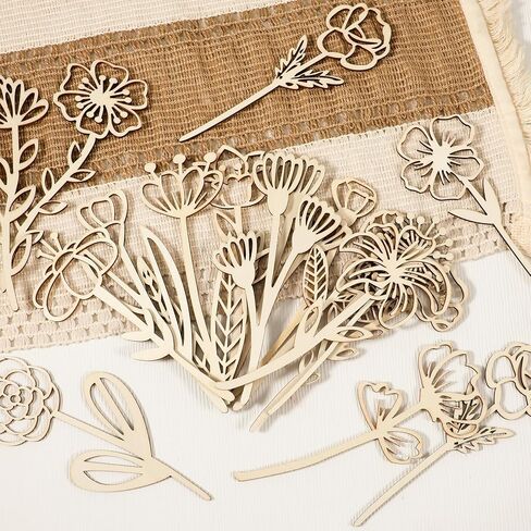 54PCS Wooden Wildflower Decor Set Wood Colorable Flowers Floral Cutouts Signs Laser Cut Stems Crafts Bouquet Boho Wall Decals for Home Birthday Holiday Art DIY Nursery Bedroom Decoration in Saudi Arabia
