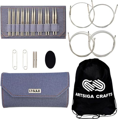 Lykke Flight 3.5 in. Standard Set US Sizes 3, 4, 5, 6, 7, 8, 9, 10, 10.5 Interchangeable Circ. Knitting Needles for Sport, DK, Worsted Yarn, Stainless Steel, 4 Swivel Cords, Purple Case, Project Bag in Saudi Arabia