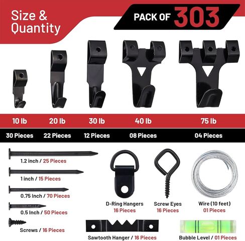 303-Piece Picture Hanging Assortment, Heavy Duty Hooks, Nails, Sawtooth, D-Rings, Wire, Level, and Metal Wall Hooks for Picture Framing and Canvas Mounting (Silver) in Saudi Arabia