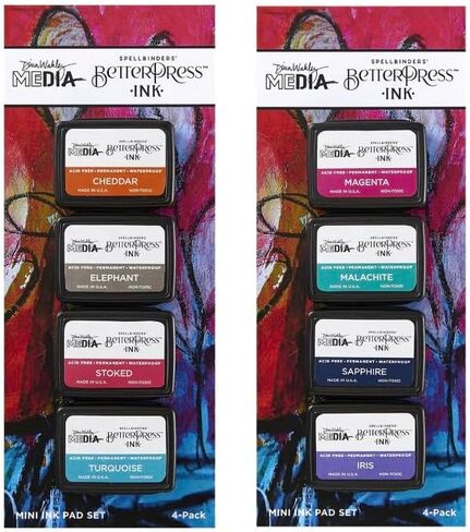 Spellbinders Betterpress Mini Ink Sets by Dina Wakley, Dinas Faves (Cheddar, Elephant, Stoked, Turquoise), Happy (Magenta, Malachite, Sapphire, Iris), 8 Pads, Permanent Ink, Waterproof, Non-Toxic in Saudi Arabia