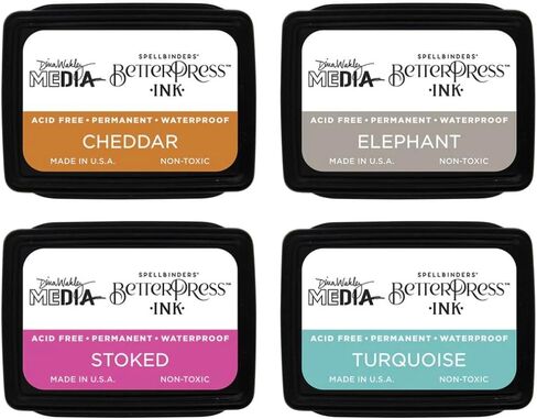 Spellbinders Betterpress Mini Ink Sets by Dina Wakley, Dinas Faves (Cheddar, Elephant, Stoked, Turquoise), Happy (Magenta, Malachite, Sapphire, Iris), 8 Pads, Permanent Ink, Waterproof, Non-Toxic in Saudi Arabia