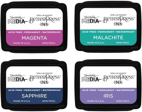 Spellbinders Betterpress Mini Ink Sets by Dina Wakley, Dinas Faves (Cheddar, Elephant, Stoked, Turquoise), Happy (Magenta, Malachite, Sapphire, Iris), 8 Pads, Permanent Ink, Waterproof, Non-Toxic in Saudi Arabia