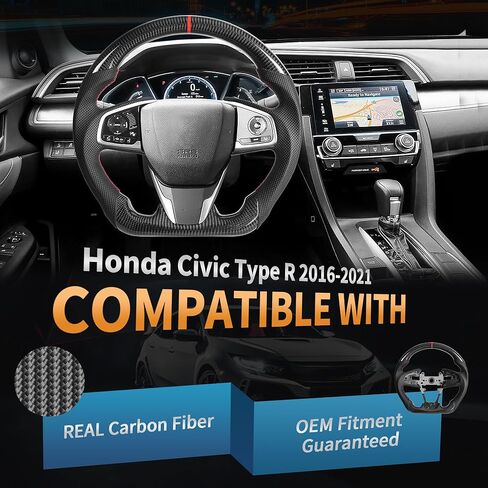 Carbon Fiber Steering Wheel for Honda Civic Gen 10th 2016-2021,Type R FK8 North American Spec, D-shaped Flat-bottom Perforated Leather Grip in Saudi Arabia