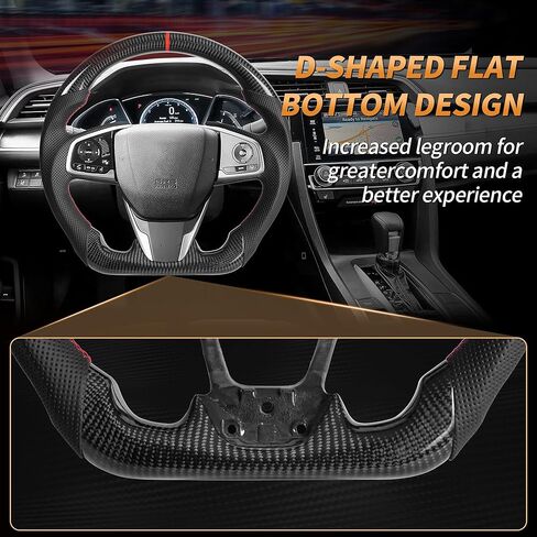 Carbon Fiber Steering Wheel for Honda Civic Gen 10th 2016-2021,Type R FK8 North American Spec, D-shaped Flat-bottom Perforated Leather Grip in Saudi Arabia