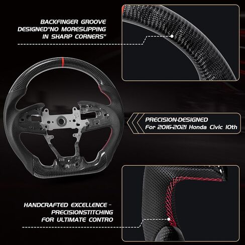 Carbon Fiber Steering Wheel for Honda Civic Gen 10th 2016-2021,Type R FK8 North American Spec, D-shaped Flat-bottom Perforated Leather Grip in Saudi Arabia