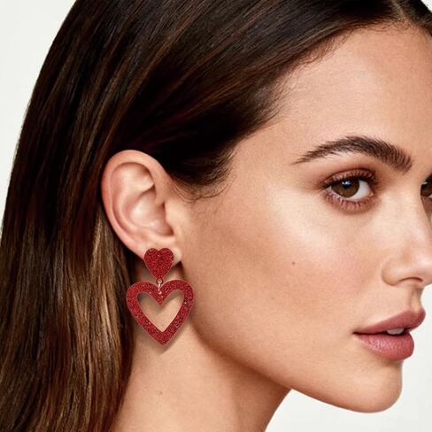 Heart Earrings Dangle Valentine's Day Earrings Glitter Pink Heart Earrings Women Girls Valentine's Day Gift in Kuwait