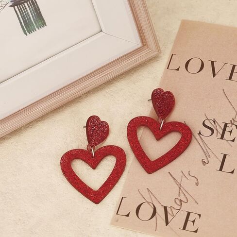 Heart Earrings Dangle Valentine's Day Earrings Glitter Pink Heart Earrings Women Girls Valentine's Day Gift in Kuwait