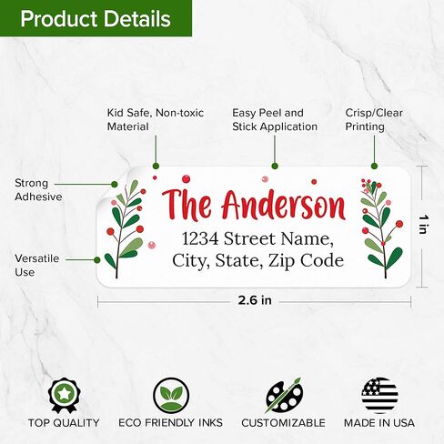 Personalized Christmas Return Address Labels, Custom Holiday Address and Name Mailing Labels for Envelopes, Cherry Tree 1x2.6 Inches, Flat Sheet of 60-1200 Made in USA by My Sign Center in Saudi Arabia