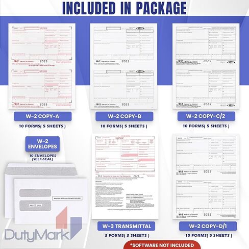 W2 Tax Forms 2025 IRS-Compatible 4 Part W2 Forms for 10 Employees - Compatible with Quickbooks Software & Laser, Inkjet Printers - 3 W3 Forms incuded, and 10 Self-Sealing Envelopes in Kuwait