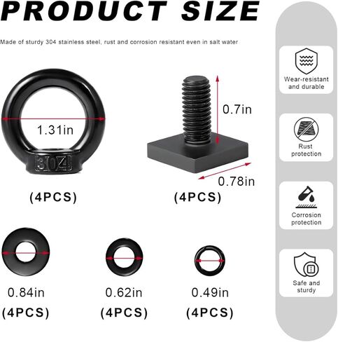 8PCS T Track Mount Tie Down Anchor for Roof Rack, 304 Stainless Steel Heavy Duty M8 T Bolt Eye Nut Tie Down Rings, T Track Eye Bolts Anchoring Kit to Hold Bungee Cord, Ropes in Kuwait