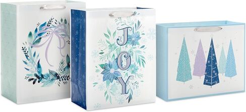 Hallmark 13" Large Gift Bag Bundle (3 Bags: 2 Vertical, 1 Horizontal) Watercolor Winter Wreath, Trees, Joy in Lavender, Sage Green, Light Blue, Silver in Saudi Arabia