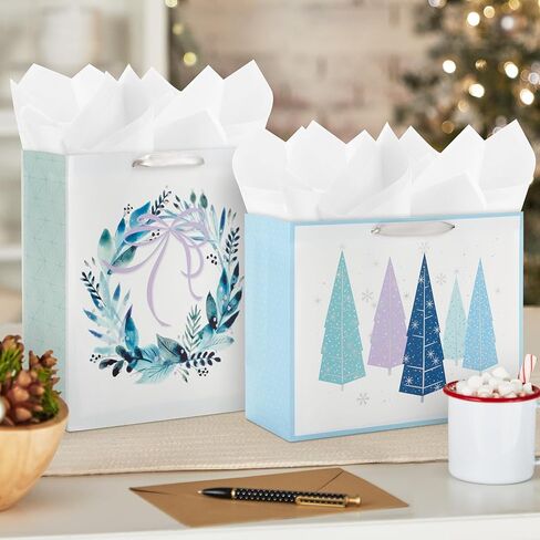Hallmark 13" Large Gift Bag Bundle (3 Bags: 2 Vertical, 1 Horizontal) Watercolor Winter Wreath, Trees, Joy in Lavender, Sage Green, Light Blue, Silver in Saudi Arabia
