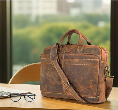Vintage Leather Messenger Bag for Men, 16" Laptop Satchel with Adjustable Shoulder Strap, Briefcase Office Work & Travel Bag in Saudi Arabia