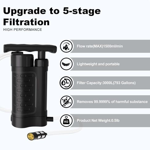Water Filter Pump, 0.01 Micron 5-Stage Water Filter,Portable Outdoor Emergency and Survival Gear - Camping, Hiking, Backpacking (K8188 White) in Saudi Arabia