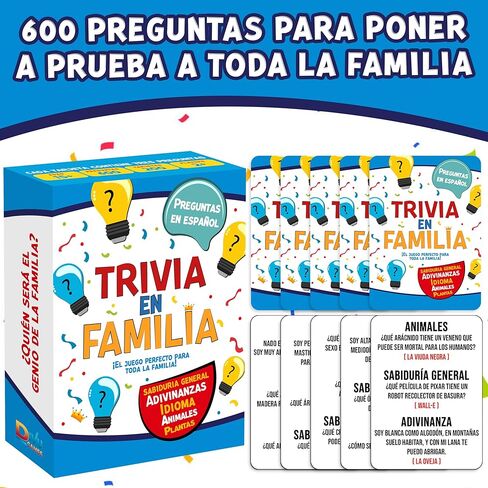 Trivia en Familia – لعبة لوحية باللغة الإسبانية للعائلة والأصدقاء والكبار والمراهقين | لعبة كارتاس | معلومات ممتعة وتعليمية للحفلات، وليلة الألعاب، والسفر، والمكتب، والفصول الدراسية، وأعياد الميلاد in Kuwait